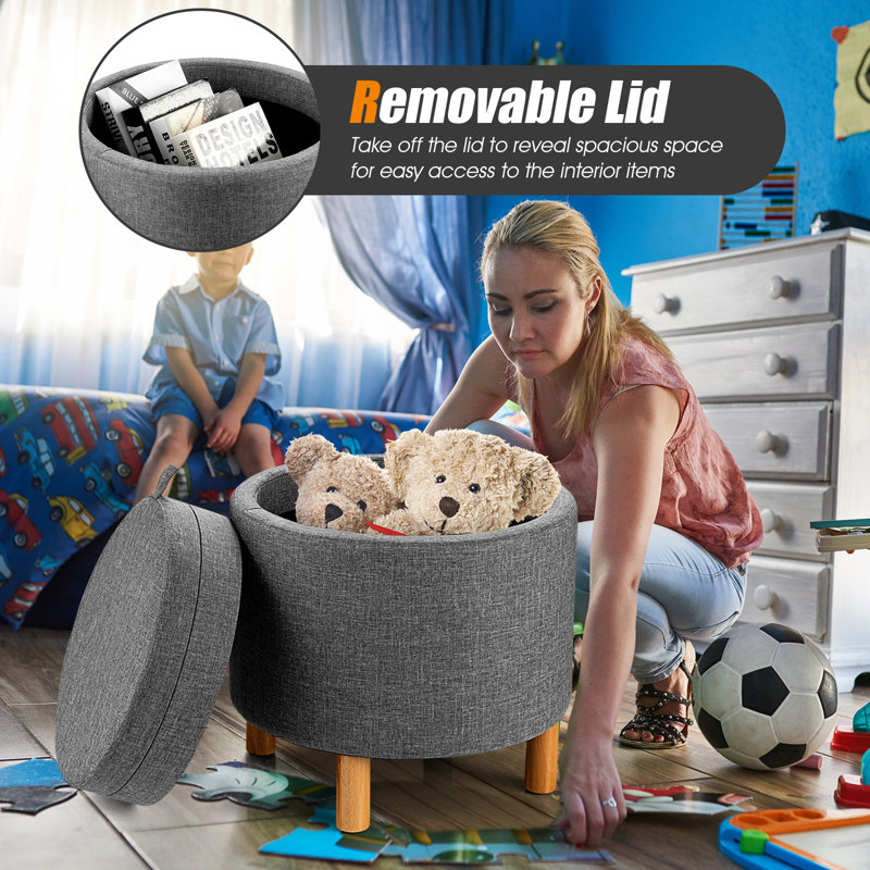 4 in 1 Upholstered Round Storage Ottoman, Fabric Storage Cozy Footstool, Gray