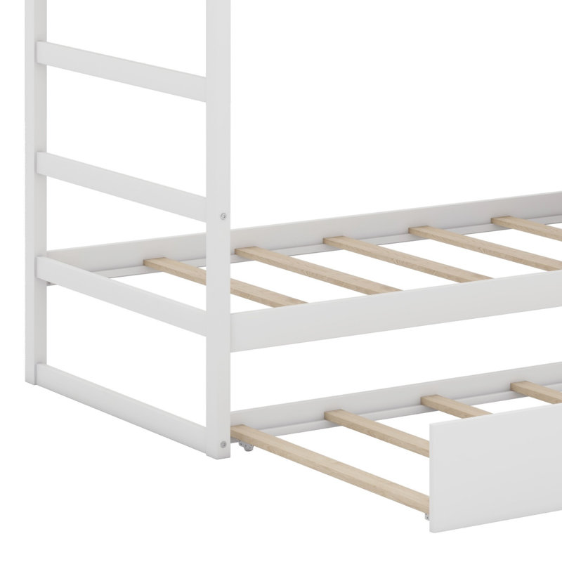 Lit superposé avec lit gigogne et escalier de rangement, blanc