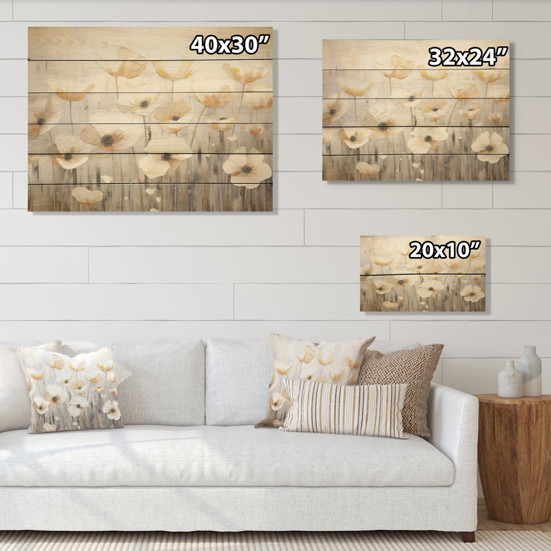 «Buttercups Fields On Grey» - Art mural en bois Buttercups sur bois de pin naturel, H 24 po x l 32 po