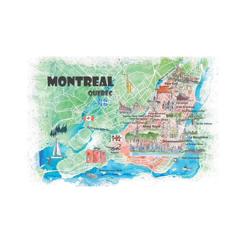 Montreal Quebec Canada Illustrated Map 1 Piece Painting on Canvas, 20.32cm H x 30.48cm W x 1.91cm D, Wrapped Canvas
