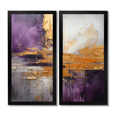 Or abstrait mauve fractal - fractales, art mural, ensemble de 2 reproductions sur toile abstraites dorées