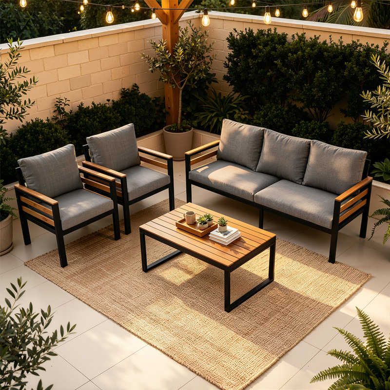 Ensemble de conversation de patio 4 pièces avec accoudoirs en bois d'acacia, ensemble de conversation à 5 places avec coussins et table basse