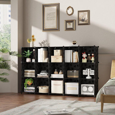 15-Cube Black Storage Organizer, Bookcase And Closet Cabinet With Pattern, Open Cube Shelves For Home, Office, Or Bedroom