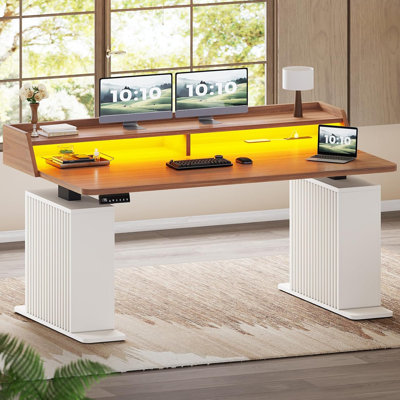 55" Standing Desk with Storage Computer Desk With Power Outlets Led Lights