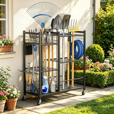 Lockable Rolling Garden Tool Organizer with Heavy Duty Wheels, Portable Yard Tool Storage Rack for Garage, Shed, Outdoor, Steel Stand for Rakes, Brooms, Shovels, Indoor/Outdoor