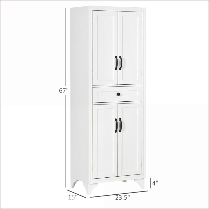 Kitchen Pantry Cabinet, 67” Tall 4-Door with Drawer &amp; Adjustable Shelves, White | MDF | Traditional Style