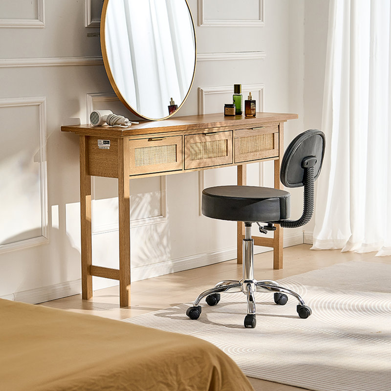Round Rolling Stool Swivel Stool with Backrest Height Adjustable Black
