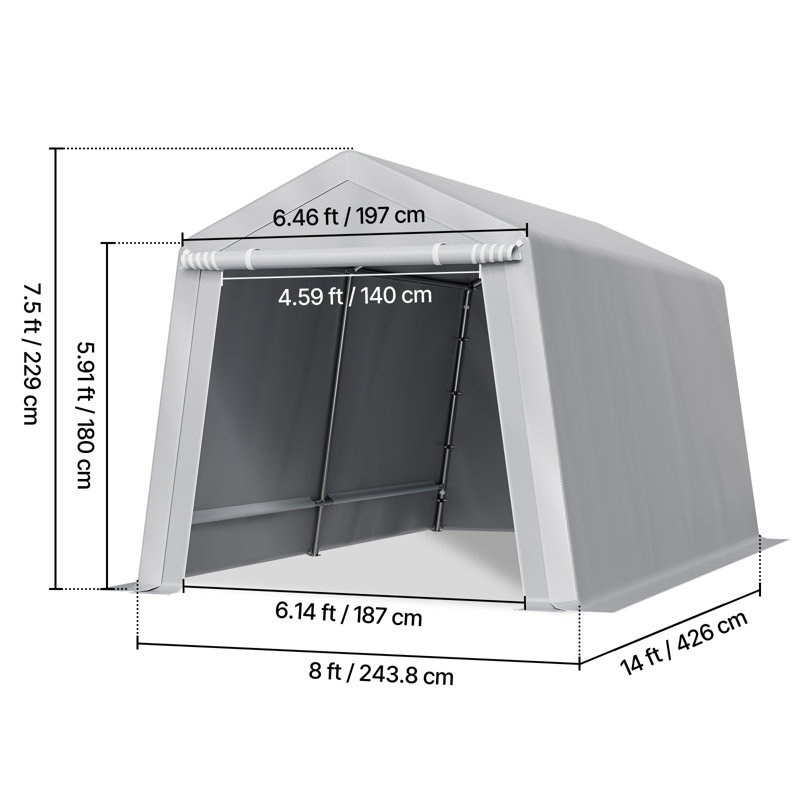 Outdoor Storage Shelter Shed 8x14 ft Waterproof Portable Canopy Carport Tent, Gray, 90" H x 96" W x 168" D