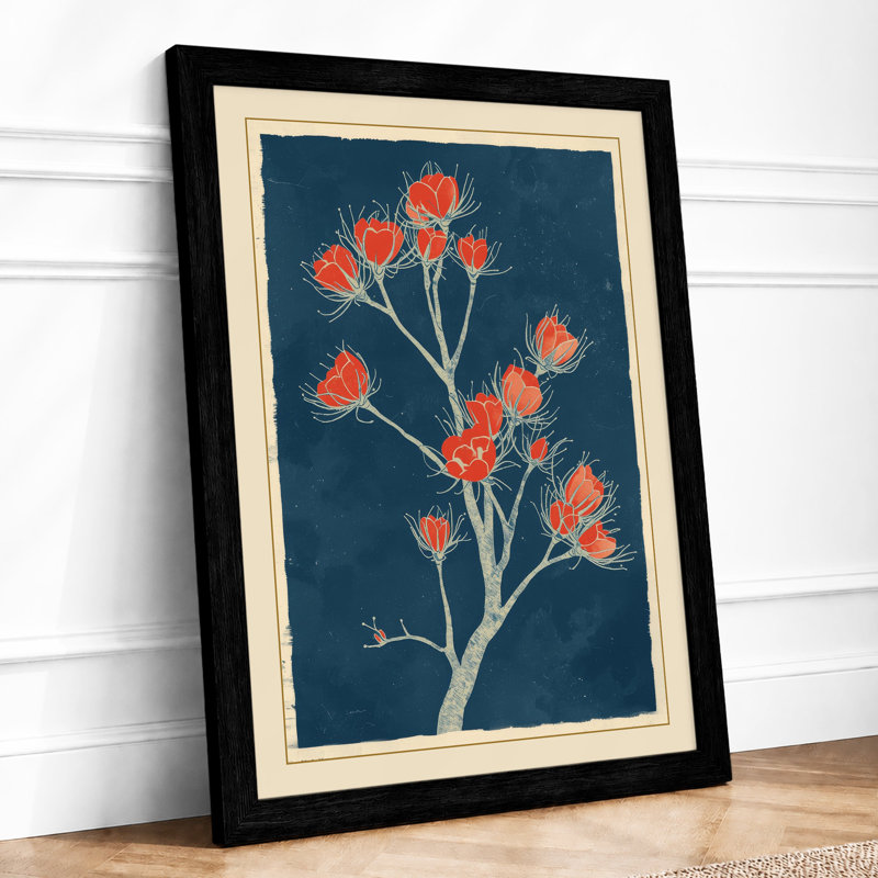 Flowering Plant in Teal Botanical - Framed Print, A4 - 29.7 x 21.0 cm, Black