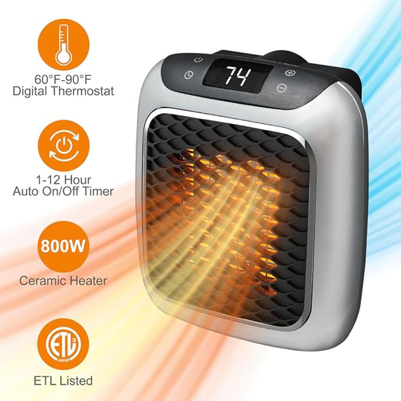 Ontel Handy Heater Turbo Heat 800W Wall Outlet Small Space Heater With Adjustable Thermostat, Programmable 12-Hour Timer, Auto Shut Off - Quiet  Space-Saving Ceramic Mini Heater (Packaging May Vary)