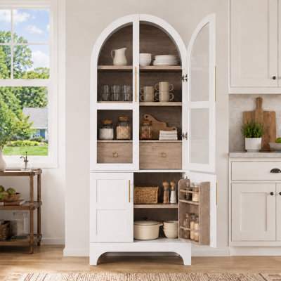 Farmhouse Tall Arched Kitchen Pantry Cabinet with Glass Doors Adjustable Shelves Hidden Drawer and Door Storage Racks for Kitchen Dining Room