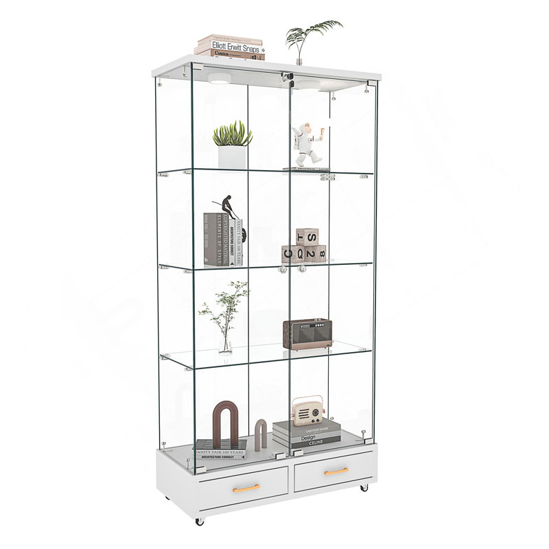Vitrine moderne en verre avec lumières DEL, 4 tablettes et 2 grands tiroirs pour un rangement sécuritaire et élégant., Blanc