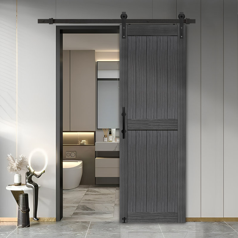 Ensemble de quincaillerie de porte de grange en panneau de fibres à densité moyenne avec porte coulissante recouverte d'une surface en PVC imperméable