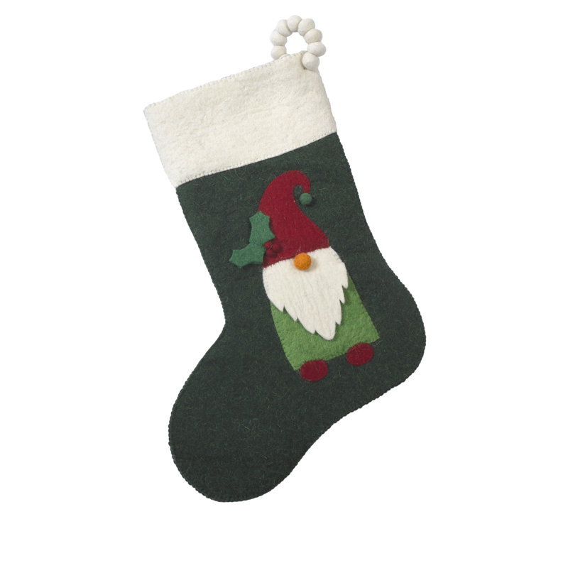 Hand Felted Wool Christmas Stocking - Gnome on Green