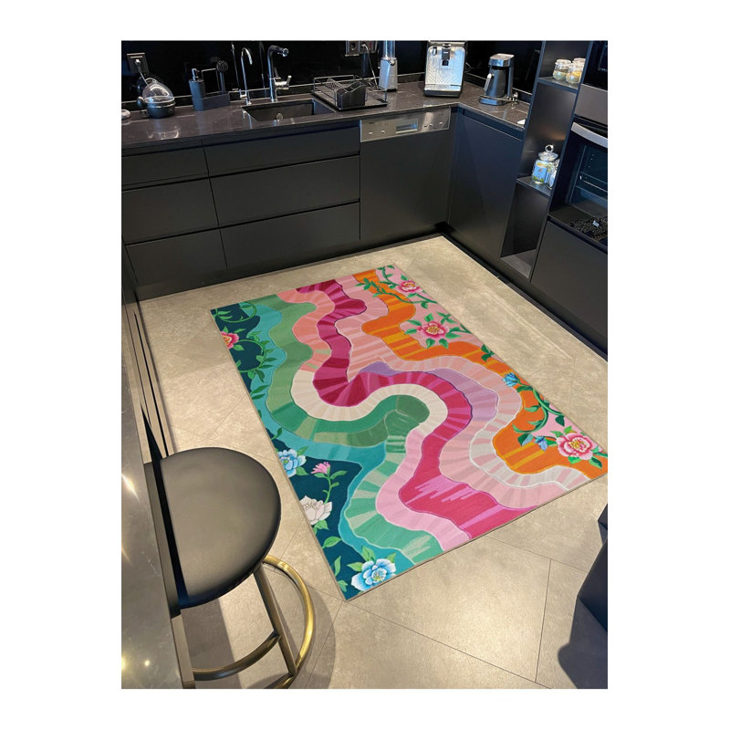 Paris Collection Multicolor Wavy Details and Floral Pattern Creative Modern Decorative Machine Washable Rug