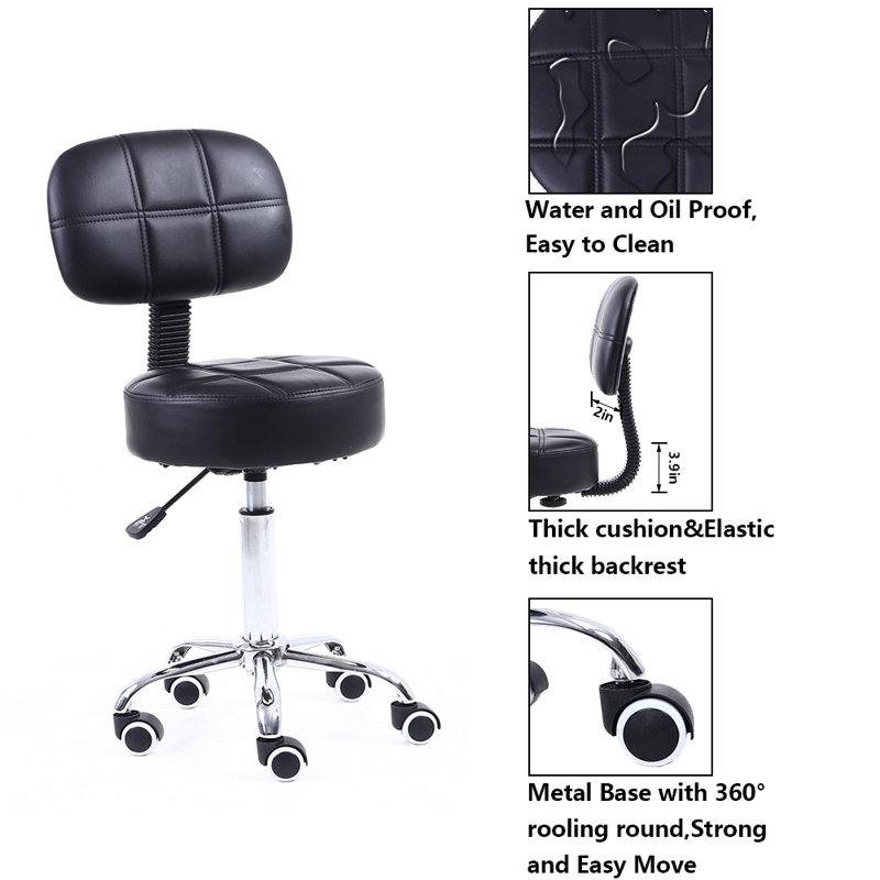 Backed Adjustable Height Ergonomic Lab Stool with Wheels, Black