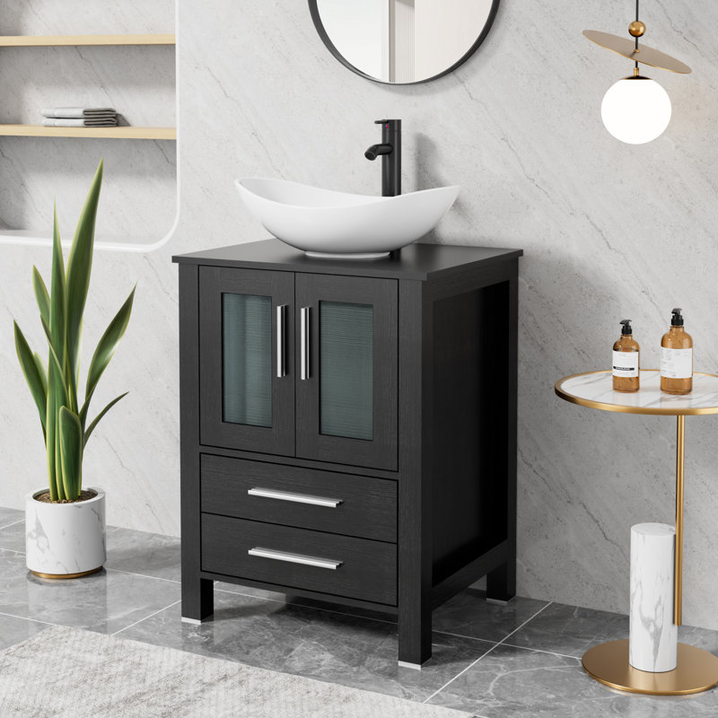 Sharee 24" Freestanding Sinlge Bathroom Vanity With Ceramic Vessel Sink, Faucet, Drain, Black