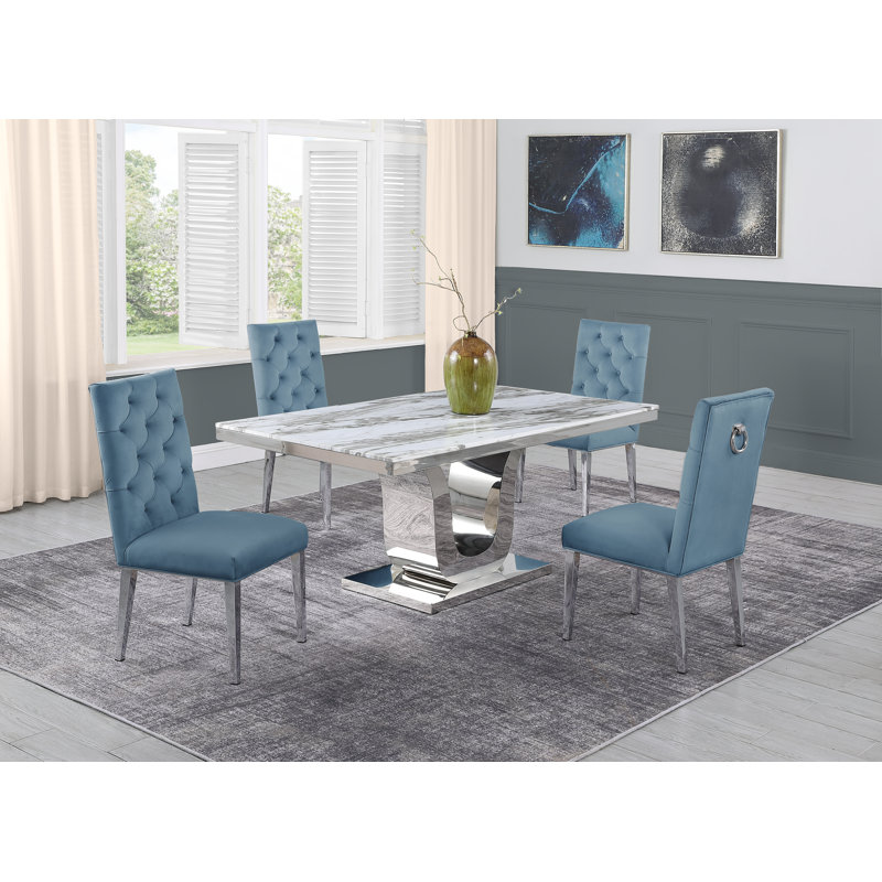Mcnamara Pedestal Dining Set, White/Silver, 5, Cream/Silver