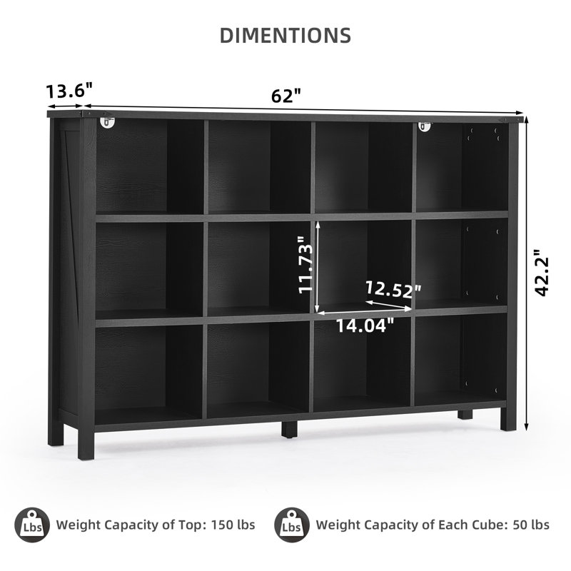 12 Cube Storage Organizer, Farmhouse 62 Inch Wide Display Bookshelf, Wooden 3 Tier Large Open Book Shelf, Vintage Bookcase for Home Office, Cubby Cabinet for Living Room, Bedroom