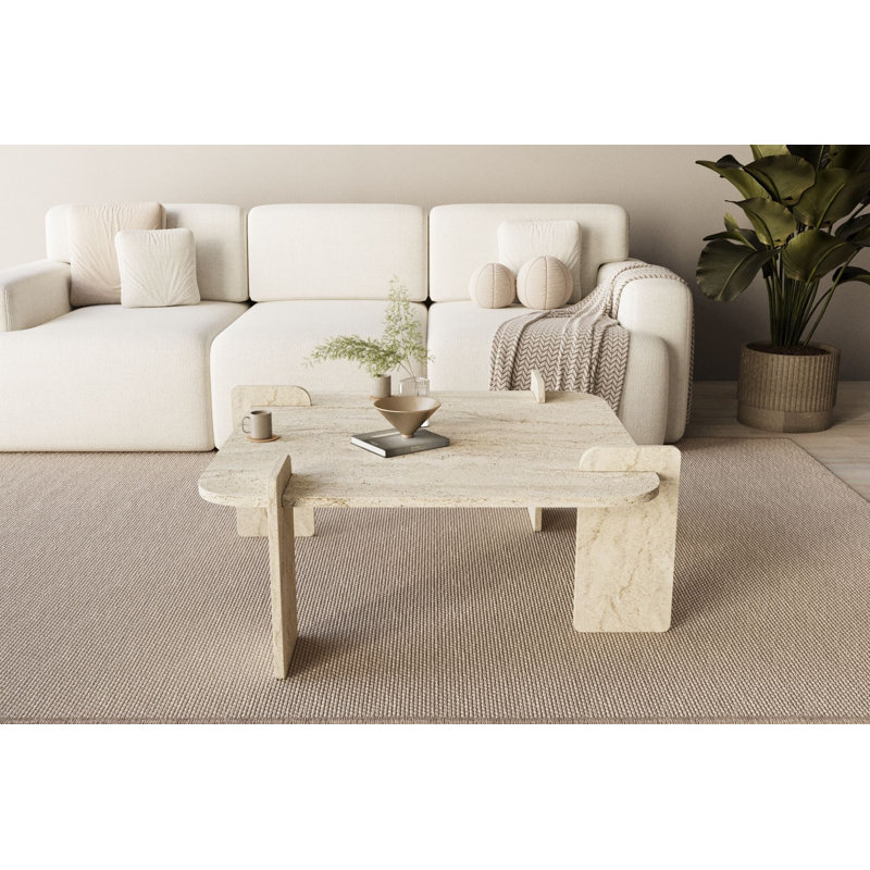 Modern Coffee Table, Travertine Color, 35.4 x 13.8 x 35.4 inches | 100% Melamine Coated Chipboard, Durable & Stylish for Living Room | Disassembled Design for Easy Assembly, Elegant Marble Concept