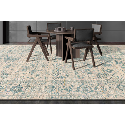 Tapis ivoire et bleu noué à la main de haute qualité