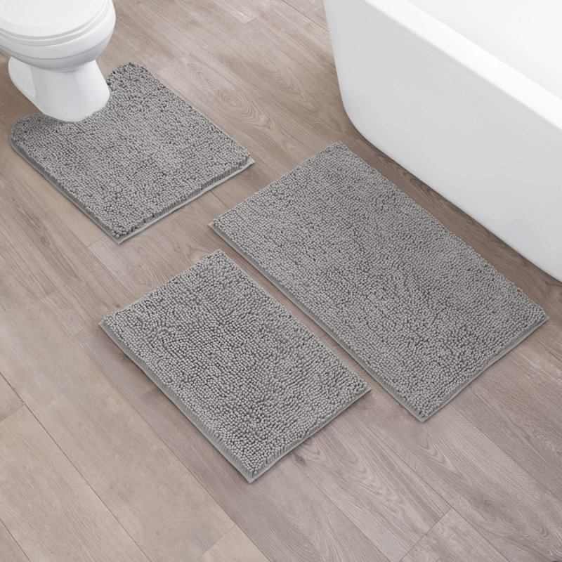 Chenille Super Soft Absorbent Microfiber Non-Slip 3-Piece Bath Rug, Gray