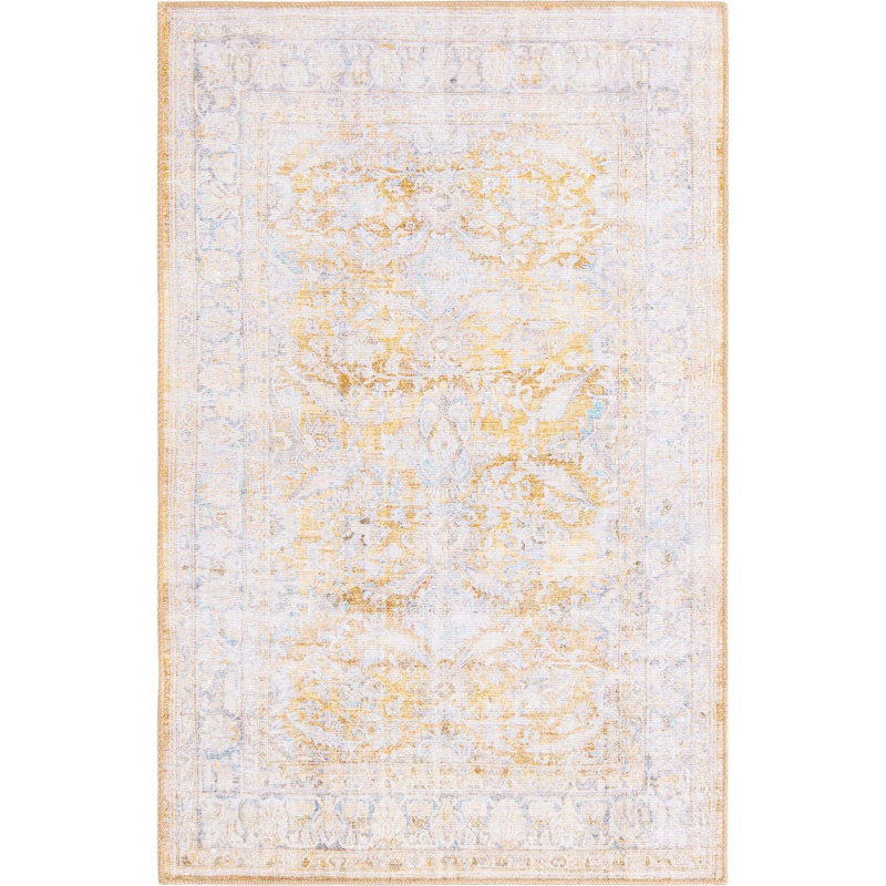 Tapis oriental jaune / ivoire / bleu clair Saphira, Rectangle 3 pi 6 po x 5 pi 6 po