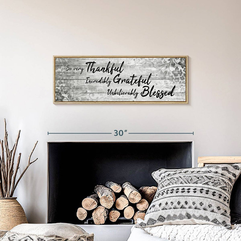 Plaque murale «Thankful Grateful Blessed IV», Cadre flottant en bois naturel, 28 po x 10 po