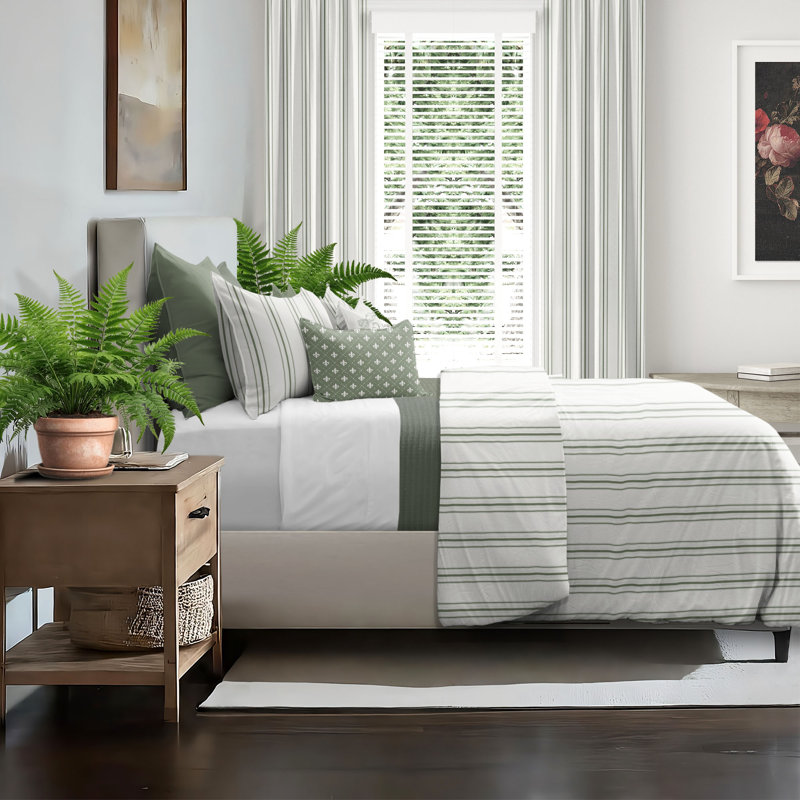 August Stripe Reversible Cotton Duvet Cover Set, Full Duvet Cover + 2 Standard Shams, Sweet Grass