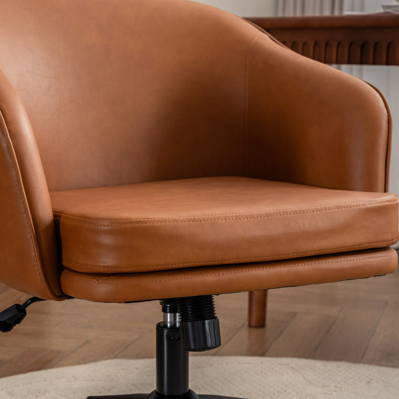 Chaise de bureau Mid-Century moderne, chaise de bureau pivotante rembourrée en similicuir, chaise de travail à coussin épais avec accoudoirs, chaise de bureau réglable en hauteur avec roulette et dossier inclinable, brun