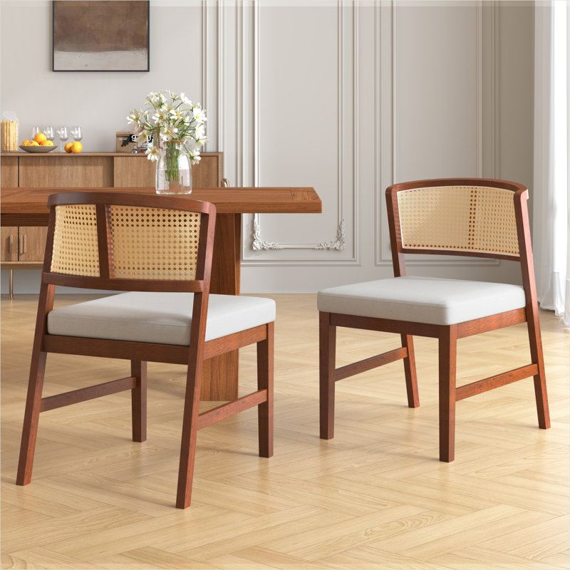 Ensemble de 2 chaises de salle à manger rembourrées en tissu avec dossier en rotin incurvé - Chaises d'appoint sans accoudoirs en bois massif pour la cuisine et la salle à manger