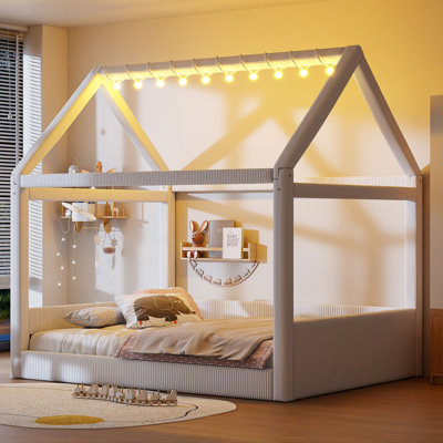 House Daybed With LED Lights, Full Upholstered Kids Bed Frame