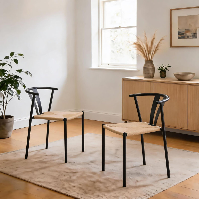 Set of Two Metal Round Back Woven Dining Chairs