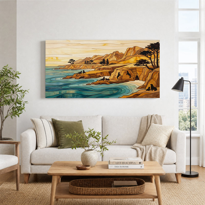 Art sur toile, "Sceaux sur une côte rocheuse en vitrail", L 40 po x H 20 po