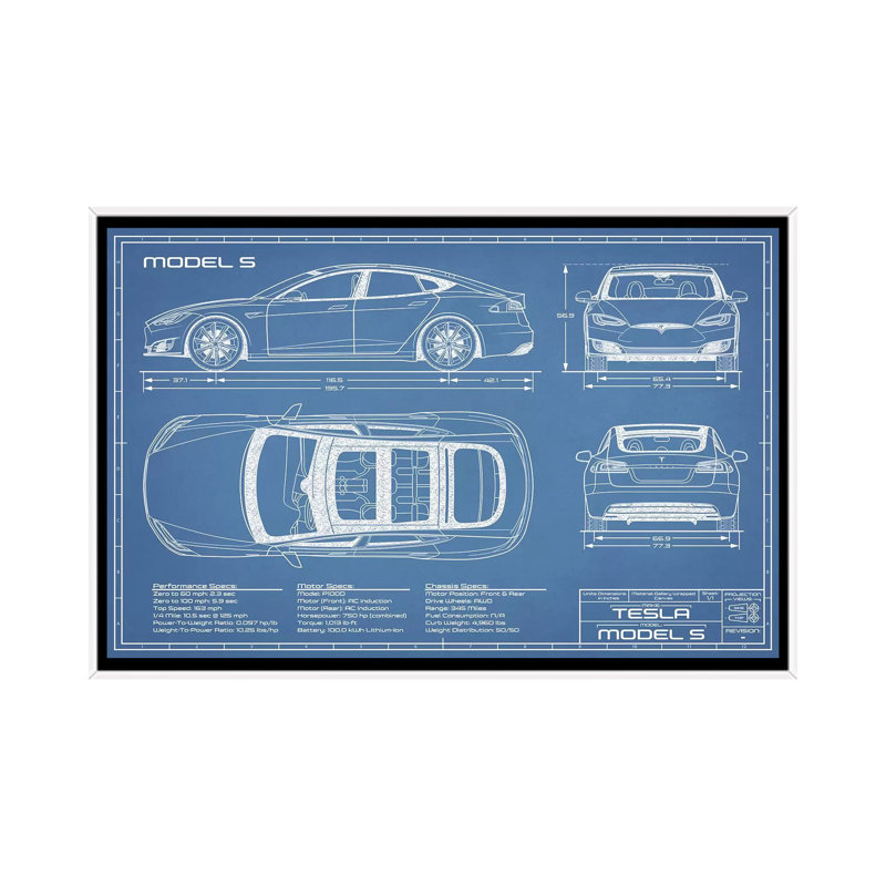 Modèle Tesla S (2016-2020) Blueprint-impression de dessin, Pas de tapis, H 26 po x l 40 po x 1,5 po, Toile blanche encadrée