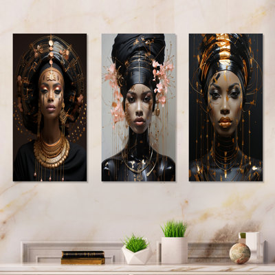 Élégance noire et dorée, beauté africaine - femme, ensemble de 3 reproductions d'art en métal d'Afrique