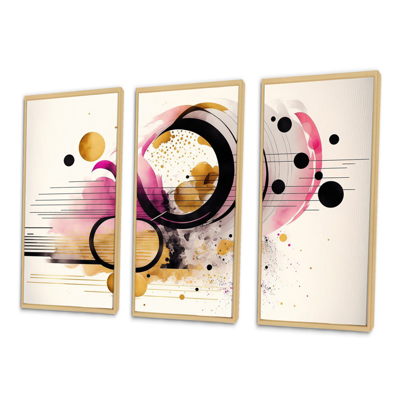 Rose abstrait - 3 pièces sur toile, Encadrement brun, H 32 po x l 48 po x P 1 po