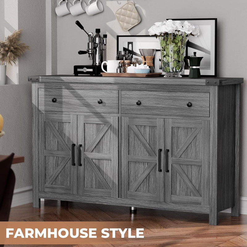 55" Sideboard Buffet Cabinet with Storage, Coffee Bar Cabinet with 2 Drawers and 4 Barn Doors, Gray