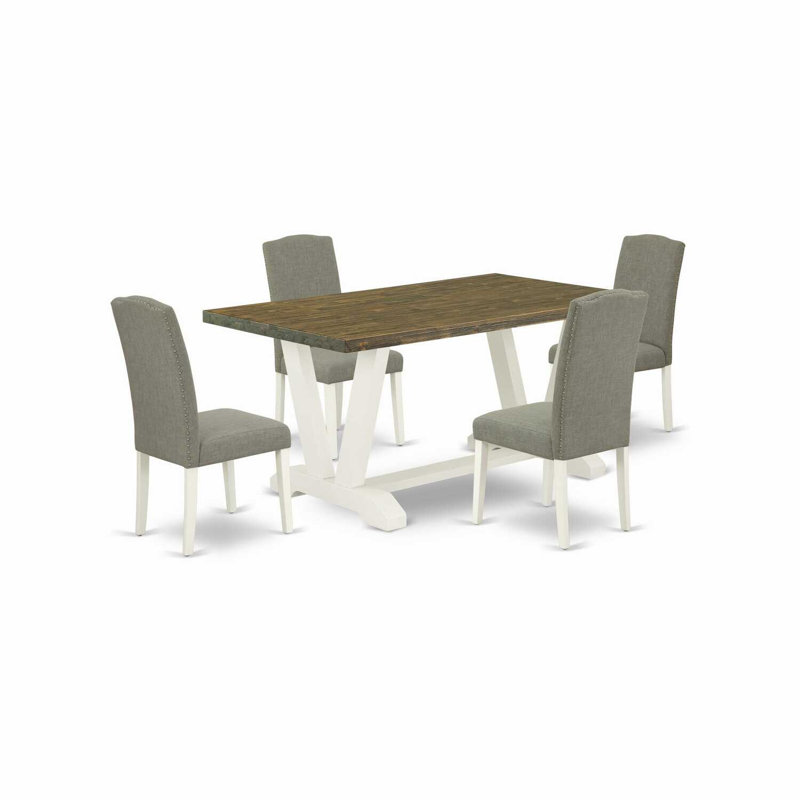 5 Piece Dining Room Furniture Set Includes a Rectangle Dining Table with X-Legs and 4 Dark Shitake Linen Fabric Upholstered Chairs, Wire Brushed Linen White