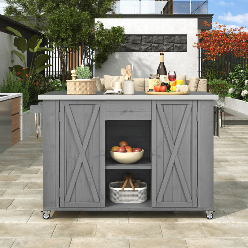 Îlot de cuisine extérieur en bois de sapin avec plateau en acier inoxydable, Gris