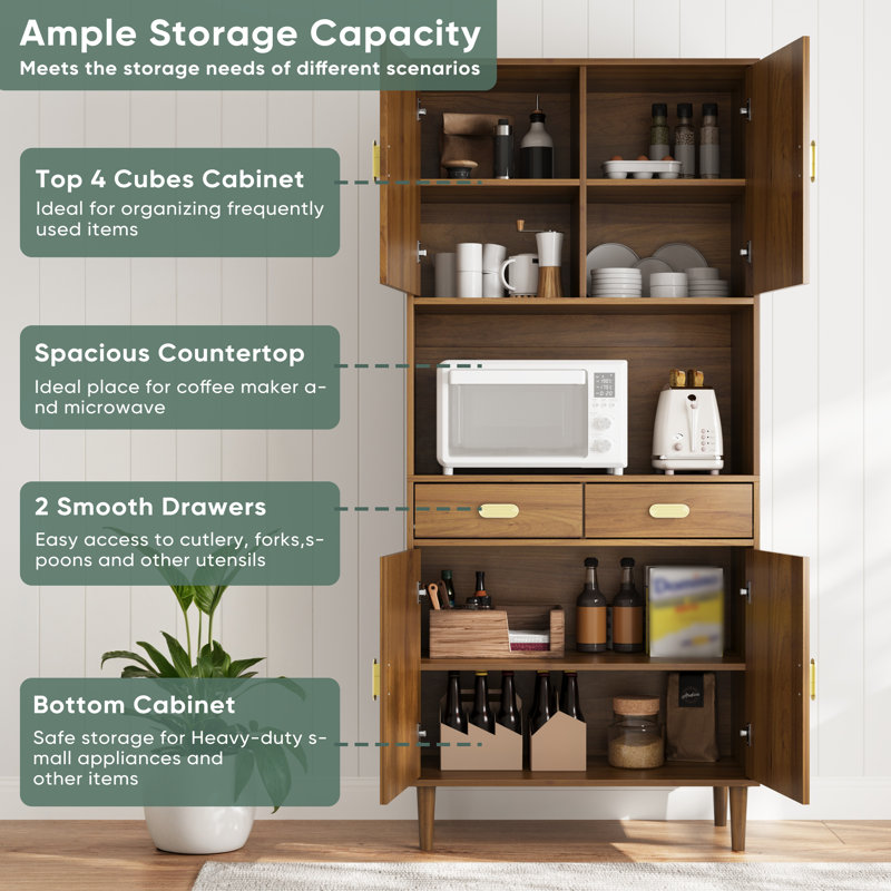 71" Kitchen Pantry Cabinet with 4 Doors & 3 Adjustable Shelves & 2 Drawers, Storage Cabinet for Kitchen, Dining Room, Living Room, Entryway
