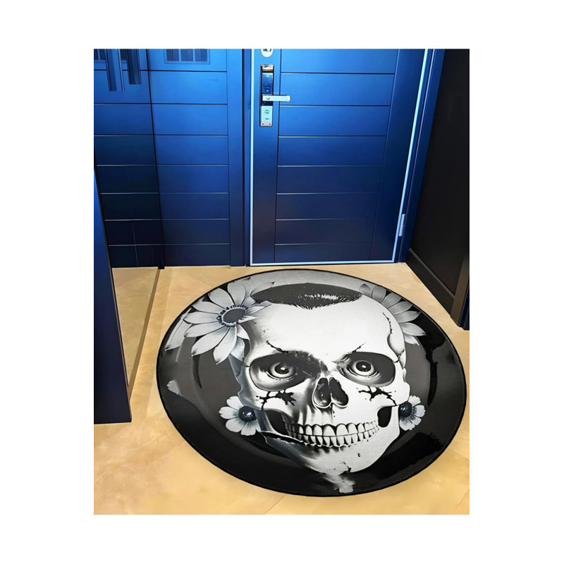 Woven Base Washable Carpet With Skull And Flower Pattern, Round 4'
