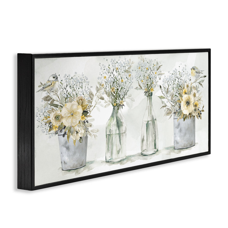 «Farmhouse Floral Bouquets Song Birds Rustic Vases», H 13 po x l 30 po x P 1,5 po, Giclée encadrée noir minuit