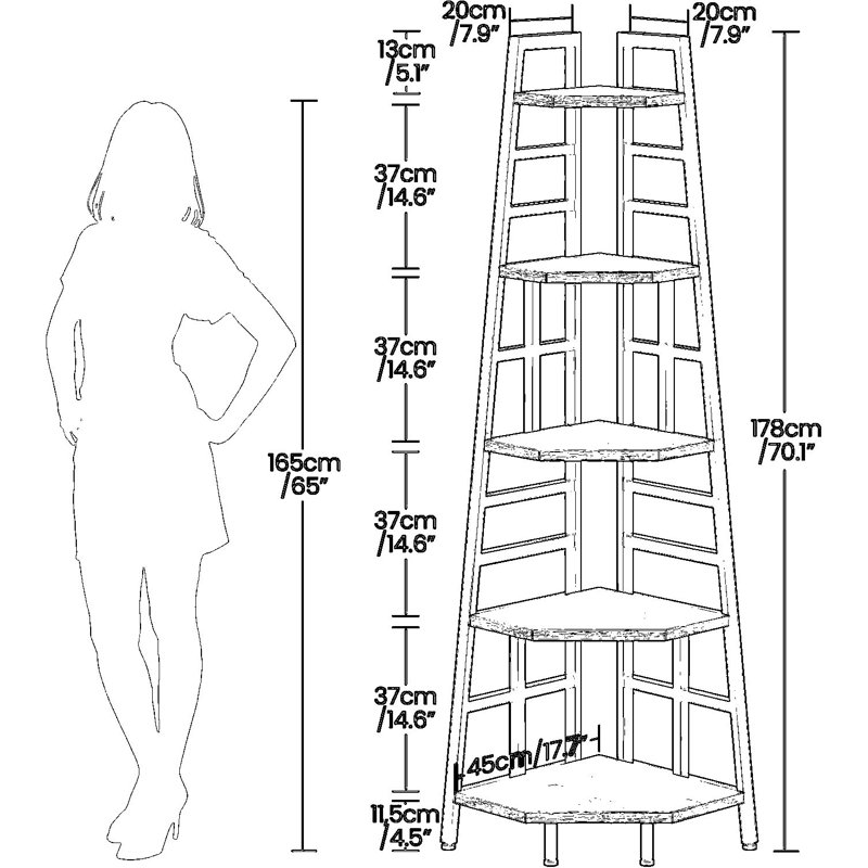 Étagère de coin haute de style industriel, bibliothèque étroite à cinq niveaux pour petits espaces, présentoir bibliothèque autoportant pour salon, chambre, bureau, finition grège