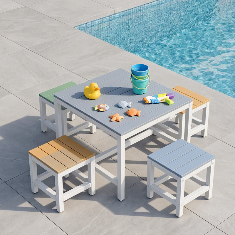 5-Piece Kids Solid Poplar Wood Kids Table Set Patio Table & Chair Set, Gray Wood