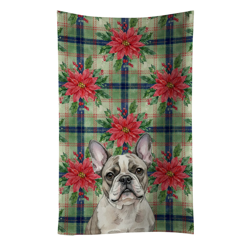 Pied French Bulldog Christmas PoinsettIas Kitchen Towel, White Pied French Bulldog
