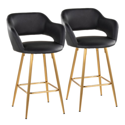 Tabouret de comptoir contemporain de 26 po de hauteur fixe en métal doré et similicuir noir avec repose-pieds carré en métal doré - ensemble de 2