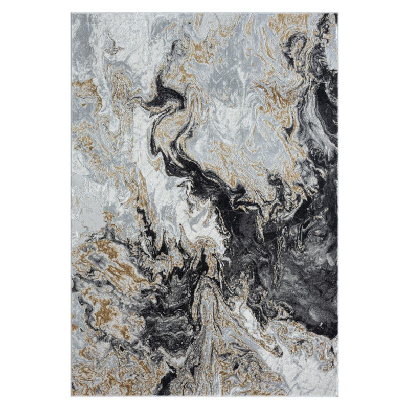 Tapis noir / jaune / gris en polypropylène tissé à la machine HETAL, Rectangle 8 pi x 10 pi