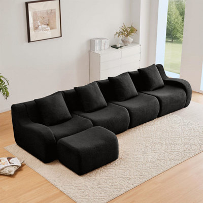 L-Shaped 4-Seat Boneless Sofa, Teddy Fabric No Assembly Required Curved Armrest, Anti-Slip Design, Assembly Chaise, 32D High Density Sponge Full Compression Vacuum Packag