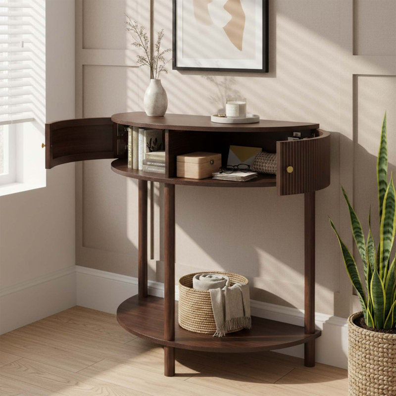 Modern Demi-Lune Console Table with Wave-Textured Drawers and Bottom Shelf for Entryway or Living Room, Brown